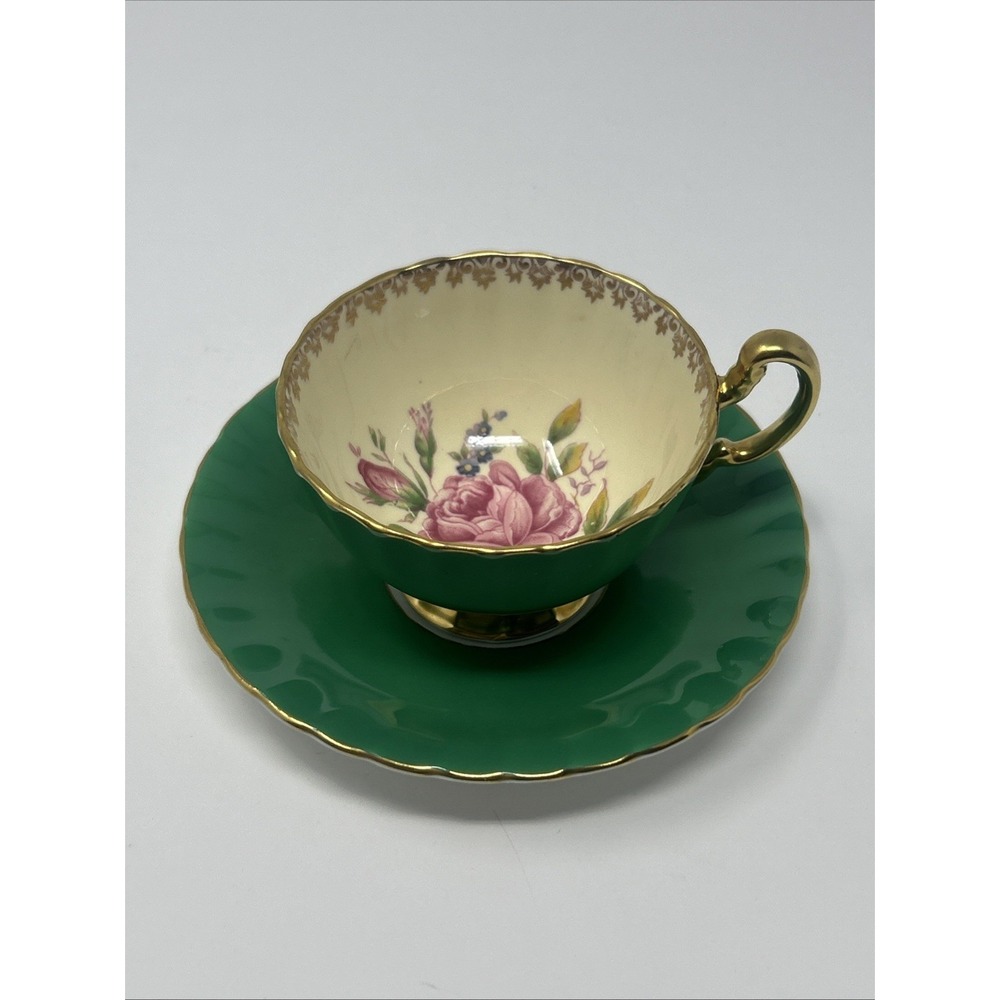 Vintage Emerald Green Aynsley Pink Cabbage Rose Tea Cup & Saucer Gold Filigree